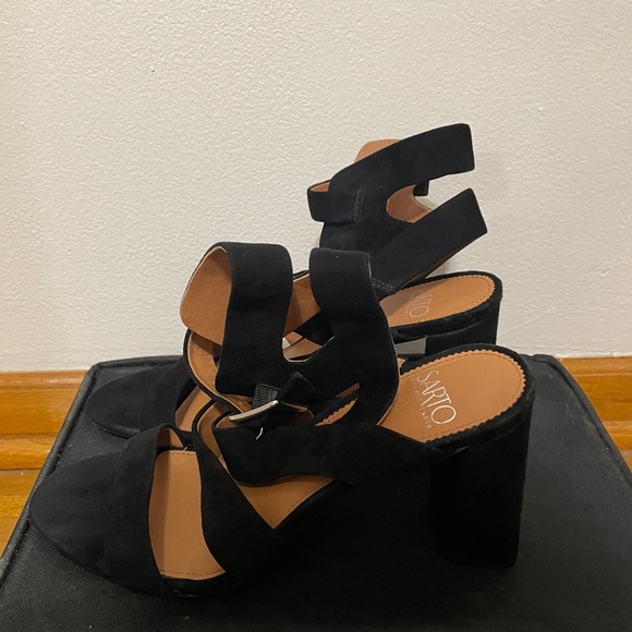 Franco Sarto Tristan Strappy Black Suede Leather Block Heel Sandal Size 8 New - Picture 4 of 5